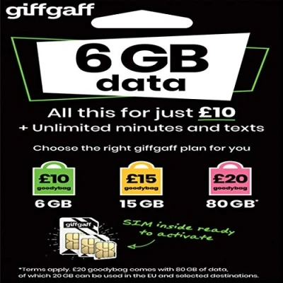 Immagine di Giffgaff, tris di SIM card, chiamate, messaggi e connessione dati illimitata, Si adatta a tutti i dispositivi. modelli.