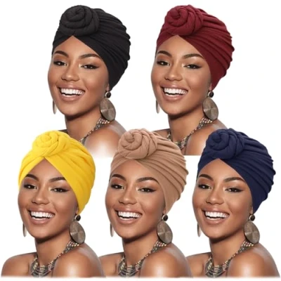 Immagine di DRESHOW 5 Pezzi Donna Africana Turbante Sciarpa Avvolge Testa Boho Elastico annodato Berretto Pre Chemio Cappello
