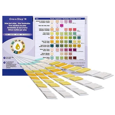 Immagine di 15 One+Step strisce reattive urina per 10 indicatori test sanitario con cartella colori di riferimento urine infezioni vie urinarie analisi acido base casalingo