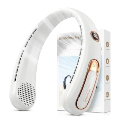 Immagine di Ventilatore da Collo, 4000mAh USB Ricaricabile （Autonomia 15h）, 3 Velocità &amp; Aria a 360, LED Display, Silenzioso Portatile per Ufficio, Viaggi, Sports, Aperta (Bianco)