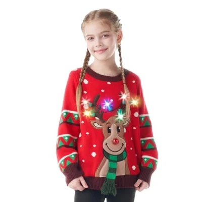 Immagine di JOYIN Maglione natalizio brutto per bambini con luce LED a forma di renna, lampadine integrate ragazzi e ragazze (rosso), rosso, 5 7 anni