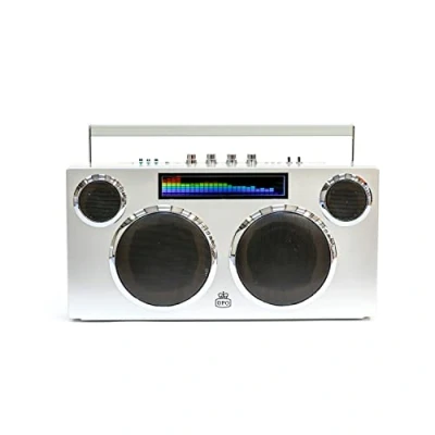 Immagine di GPO Manhattan Sistema di Altoparlanti Bluetooth, Portatile con 100 Watt Potenza Stereo, Smartphone / Tablet, Display LCD, Colore Argento
