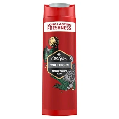 Immagine di Old Spice Wolfthorn 3 in 1 gel doccia e shampoo da uomo, 400 ml, profumo fresco di lunga durata, qualità profumo, pulizia profonda per capelli viso, sensazione delicata sulla pelle