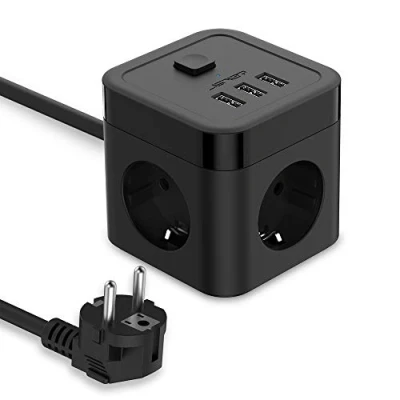 Immagine di JSVER Multipresa Elettrica Cubo 3 Scomparti, Cube Ciabatta con USB(15,5 W) Presa 3680 W interruttore per ufficio casa viaggio Cavo da 1,5 m Nero