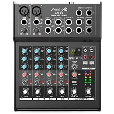 Immagine di Audibax 802 FX Console di Missaggio Audio Mixer a 6 Canali Effetti DSP con 79 Programmi 2 Ingressi Jack Stereo Equalizzatore 3 Bande Alimentazione Phantom 48 V
