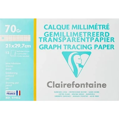 Immagine di Clairefontaine 97952C Pochette per Disegno scolastico 12 Fogli Carta da lucido millimetrata altamente trasparente A4 21x29,7 cm 70/75g Ideale il tecnico