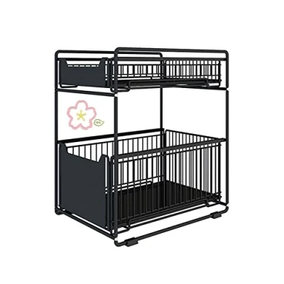 Immagine di LANTUS Scaffale a 2 ripiani per cassetti, da cucina, telescopico, sottolavello, in metallo, armadietto, organizer bagno, cucina (37,4*26,5*44 cm Nero)