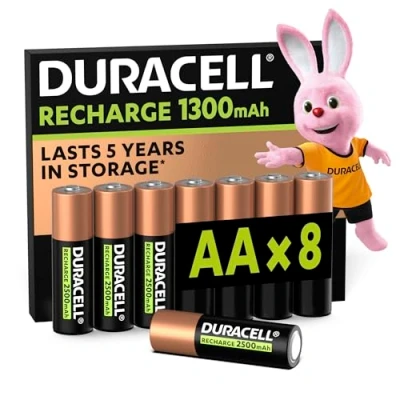 Immagine di Batterie Ricaricabili Duracell AA (Confezione da 8), Pile ricaricabili, 1300 mAh NiMH, 2000 ricariche, pre caricate, energia di lunga durata