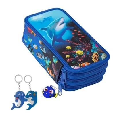 Immagine di Ferocity Astuccio Matita con 3 Scomparti per Ragazze e Ragazzi Caso Portapenne Pennarelli ed Accessori Scuola Oceano degli Squali [150]