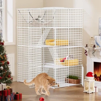 Immagine di YITAHOME Grande Gabbia per Gatti da Esterno/Interno, Box in Metallo, Cuccia a 4 Livelli con Porte, 3 Scale, Amaca Grande, Gabbie 1 Gatti, Bianco, 104 x 72 140 cm
