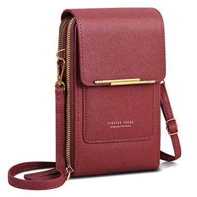 Immagine di AIFILLE Custodia per cellulare da donna, piccola borsa a tracolla con portafoglio, in pelle PU di alta qualità, scomparti carte credito, rosso vivo, Handy Umhängetasche mit Geldbörse
