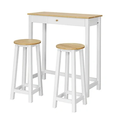 Immagine di SoBuy Consolle Tavolo alto bar con 2 sgabelli Penisola cucina mobile Piano in legno di Hevea A107 cm, FWT50 WN