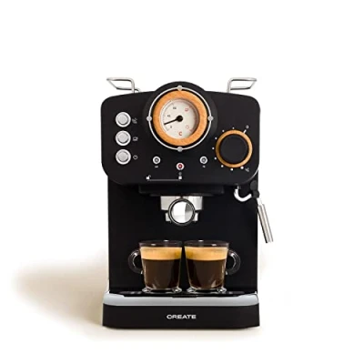 Immagine di CREATE / THERA RETRO/Caffettiera Express Semiautomatica Nero Opaco e Legno 20 bar, braccio doppia uscita, serbatoio 1,25L, caffè macinato cialde ESE 55 mm, con vaporizzatore, 1100 W