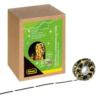 Immagine di Idena 30542 Microfavole a LED con 200 in giallo oro, per uso esterno e interno, lunghezza circa 22,9 m su bobina, funzione timer di 8 ore, il crafting, come decorazioni feste