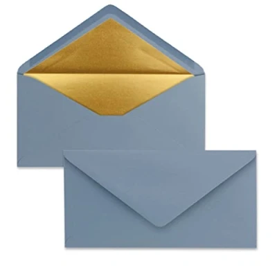 Immagine di 50x Buste formato lunghe Colore: grigio blu con rivestimento interno metallizzato oro 110 x 220 mm Colla a umido festive per Natale