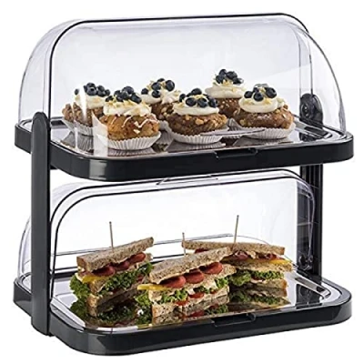 Immagine di APS Buffet Showcase &quot;Double Decker&quot; 2 cofani trasparenti roll top che si aprono su entrambi i lati, vassoi in acciaio inox, 4 batterie di raffreddamento, stoccaggio salvaspazio Made Germany