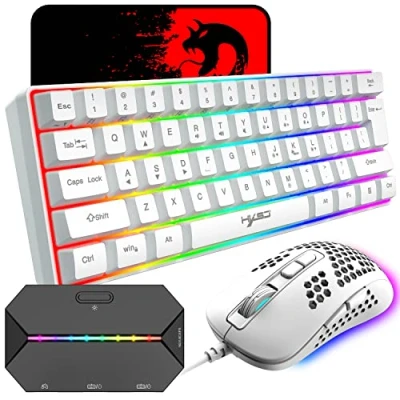 Immagine di Tastiera da Gioco Compatta Cablata al 60% 61 Tasti 11 Completi con Retroilluminazione RGB Anti ghosting + Mouse Leggero Cablato 2400 DPI Adattatore Convertitore per Giocatori PS4/Xbox (Bianco)