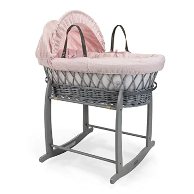 Immagine di Clair de Lune Culla in vimini grigio a nido d&#039;ape con supporto dondolo deluxe, 68 x 30 cm, rosa