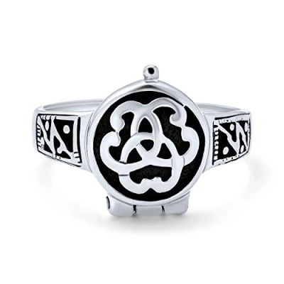 Immagine di Anello Con Sigillo Triquetra Nodo Celtico Irlandese Trinità Medaglione Porta Veleno In Argento Sterling Ossidato .925 Per Donne Uomini Adolescenti