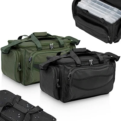 Immagine di Physionics® Borsa da Pesca Rigida, Impermeabile, a Tracolla Imbottita, con Tasche e 2 Maniglie, Multifunzionale, Verde Oliva/Nero Borsetta, Attrezzatura Pesca, Campeggio (Nero)