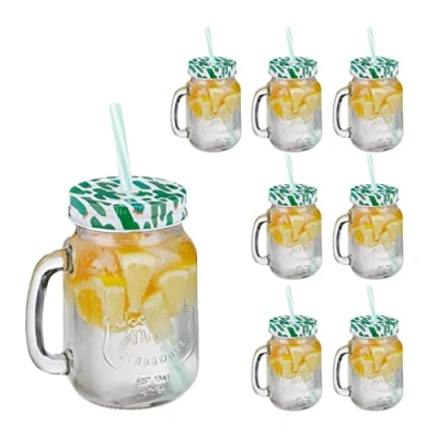 Immagine di Relaxdays Set 8 Tazze, con Coperchio e Cannuccia, Design Cactus, tè Freddo, Bevande, Limonate, Party, 500 ml, Colorato, Vetro Ferro