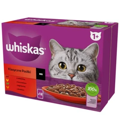 Immagine di WHISKAS Pasti per Gatti 48 bustine fresche (set di 4 confezioni 12 x 85 g) classici (4 varietà) Patta adulti in salsa. Cibo Bagnato Completo Adatto anche Sterilizzati