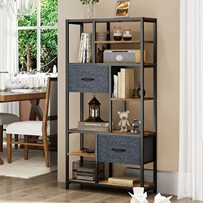 Immagine di YITAHOME libreria, libreria a 7 ripiani con cassetti da pavimento soffitto, industriale, scaffale in acciaio, adatta per soggiorno, ufficio, studio, corridoio, cucina