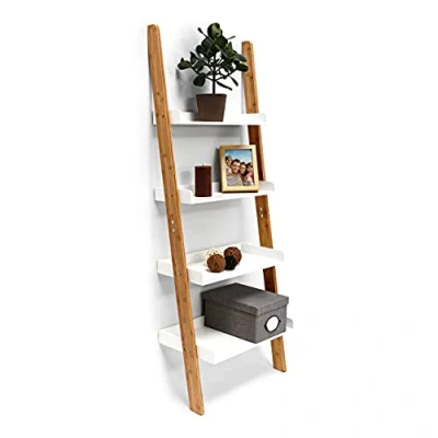 Immagine di Relaxdays Scaffale da Bagno Bamboo, Mobile in bambù e MDF, 4 Ripiani, Cucina, HLP 144 x 56 34 cm, Naturale/Bianco, Bambú, Marrone, 34x55x155 cm