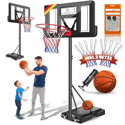 Immagine di KESSER® canestro di basket Premium con supporto e rotelle incl. pallone da + pompa; altezza regolabile 230 a 305 cm; impianto esterno completo