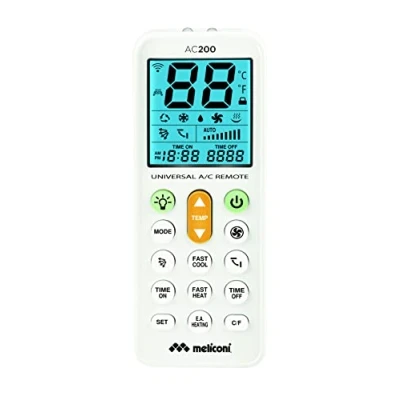 Immagine di Meliconi AC 200 Telecomando Universale per Condizionatori/Climatizzatori Compatibile con la Maggior Parte dei Marchi, Schermo Retroilluminato e Funzione Torcia, bianco, 802102