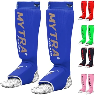 Immagine di Mytra Fusion Shin Instep Kick Boxing Training Pads, Karate Pads (S/M, Blue)