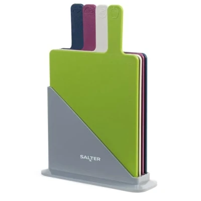 Immagine di set di schede trinciatura con indice a palette rettangolari Salter BW04768 indicatori per la preparazione degli alimenti, supporto antiscivolo, lavabile in lavastoviglie, multicolore, 4