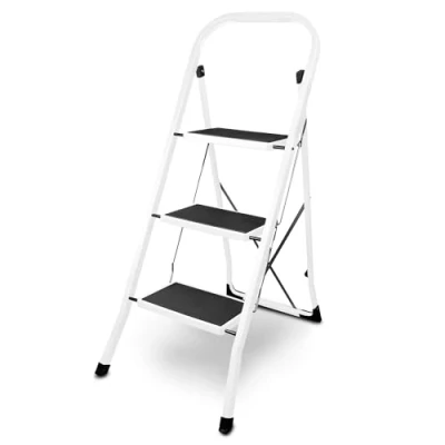 Immagine di siwitec Scaletta pieghevole in acciaio con 3 gradini, bianca, piccola scala tappetini antiscivolo, portata 150 kg, certificazione TÜV/GS