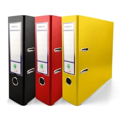 Immagine di Netuno 3 raccoglitori cartone ecologico riciclato nero rosso giallo a 2 anelli A4 dorso 8 cm per ufficio scuola archivio faldoni portadocumenti