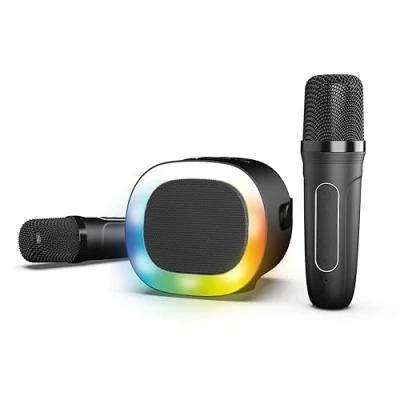 Immagine di R MUSIC KARADUO Pacchetto Karaoke Completo 2 Microfoni Wireless + Altoparlante Portatile RGB Bluetooth 5.0, Porta AUX e Micro SD 5 Effetti Deformazione Voce 3 Modalità