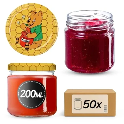 Immagine di KADAX Barattoli Ermetici di Vetro da 200 ml, Vassetti Piccoli con Coperchio a Vite per Conserve Frutta, Marmellate e Yogurt (Set 50, Miele)