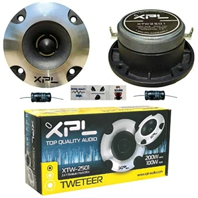 Immagine di XPL 2 tweeter XTW2501 ultra slim da 100 watt rms e 200 max 10 cm di diametro 4&quot; db sensibilità con ridotta profondità 4,2 cm, a coppia + condensatori 3 adesivi omaggio