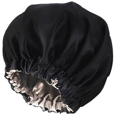 Immagine di LABUYI 1 Pezzo Cappello da Notte Raso,Cuffia Seta Capelli Ricci,Cuffia Doccia Donna Doppio Strato Regolabile,Cuffie per Ricci Cura Bonnet Notte,per Doccia,Dormire(Nero)