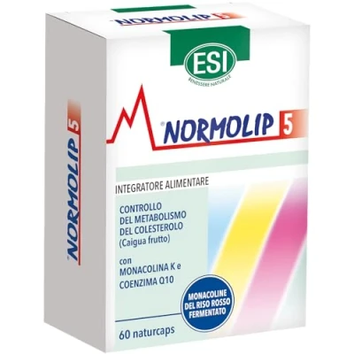 Immagine di ESI Normolip 5, Integratore Alimentare a Base di Riso Rosso Fermentato e Caigua, che Contribuisce ai Normali Livelli Colesterolo, Senza Glutine Vegan, 60 Naturcaps