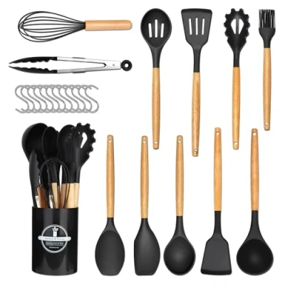 Immagine di Set Utensili Da Cucina 24 Pezzi, Di Spatole Per Pentole In Silicone Antiaderente Resistente Al Calore Con Manico Legno, 12 Ganci A S Lavastoviglie
