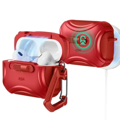 Immagine di ESR Custodia per AirPods Pro 2, Cover Compatibile con 2/1 Gen (2023/2022/2019), Abilitata a MagSafe (USB C/Cavo Lightning), Chiusura Magnetica, Protezione Anticaduta Cordino, Rosso