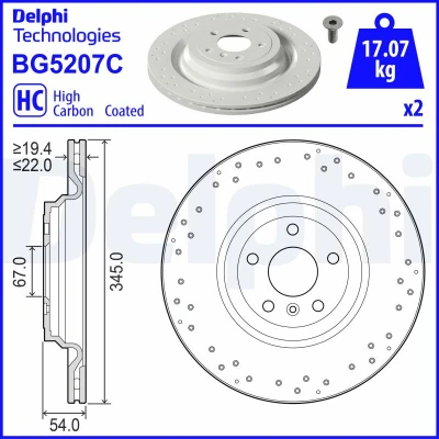 Immagine di DELPHI Disco freno MERCEDES BENZ: Classe ML, GL 345mm 22mm 5 ventilato, forato rivestito ad alto tenore di carbonio BG5207C 1664230312,A1664230312