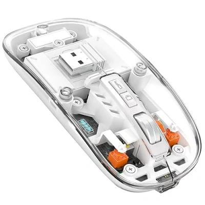 Immagine di MAGIC REFINER Mouse Wireless Ricaricabile, 2.4Ghz e Bluetooth 5.0 Silenzioso Senza Fili Ottico Ultra Sottile 2400 DPI, Gaming Trasparente, Batteria Visibile, per Laptop/PC/Mac, Bianco