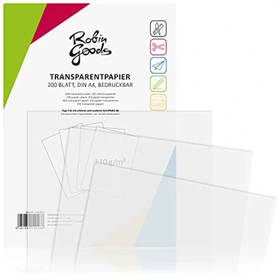 Immagine di Robin Goods® 200 Fogli di Carta Trasparente Premium DIN A4, 110 g/m², qualità Eccellente, stampabile, per lavori manuali, da Lucido, Pergamena (200 Trasparenti)