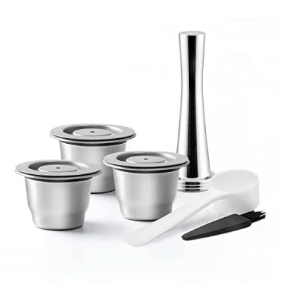 Immagine di RECAFIMIL Cialde da caffè riutilizzabili Nespresso, 3 pezzi, capsule con pressino, in acciaio inox, compatibili macchine Nespresso
