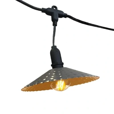 Immagine di Ghirlanda di luci per esterni 10 paralumi in acciaio stile vintage MINI VINTY LIGHT HYBRID LED bianco caldo 6m solare e su settore
