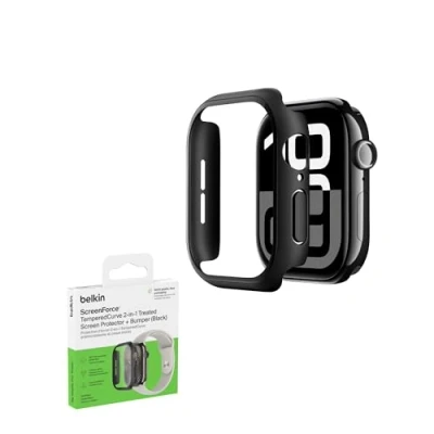 Immagine di Belkin ScreenForce TemperedCurve Cover Apple Watch Series 10 (46mm), 2 in 1 proteggi schermo per con protezione a 360 e bumper protettivo, pellicola vetro temperato, nero