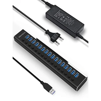 Immagine di RSHTECH Hub USB 3.0 Alimentato con 100W(12V/8.3A) Alimentatore 16 Porte in Alluminio Attivo Fino 5 Gbps e Interruttori on/off Individuali, per PC,HDD Mobile, Chiavetta (RSH A16)