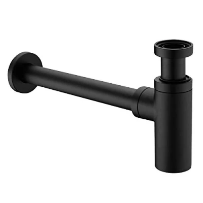 Immagine di Keymark Sifone universale in ottone per lavabo e lavandino, 1 1/4 x 32 mm, con scarico su misura, rotondo, antiodore, colore: nero