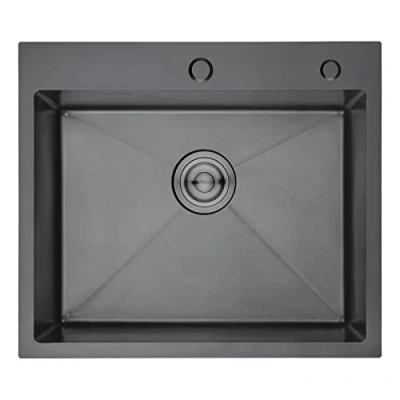 Immagine di Ibergrif Lavello da cucina a ciotola singola in acciaio inox fatto mano con 2 fori,lavello residenziale inossidabile 304 kit di scarico e filtro cestello,55x45x19cm Nero